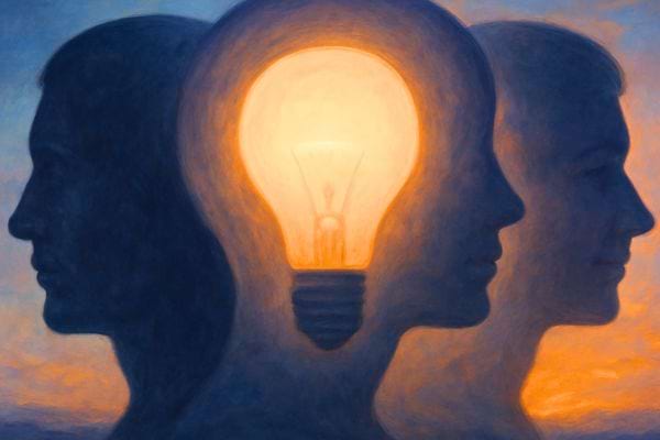 Silhouettes humaines fusionnées avec une ampoule lumineuse symbolisant l’inspiration, la reflexion et la creativite intérieure.