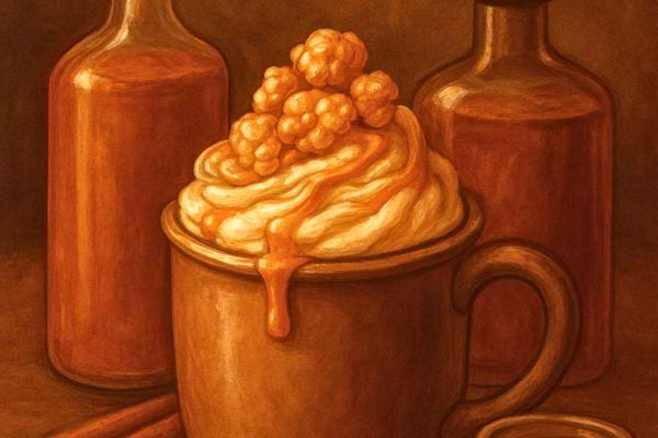 Illustration artistique dune tasse de boisson caramel avec creme fouettee et popcorn en decoration.