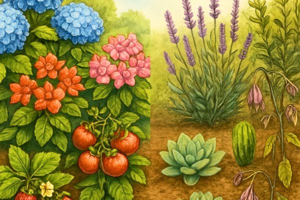 Dessin colore montrant differentes plantes du jardin comme fleurs legumes et plantes aromatiques.