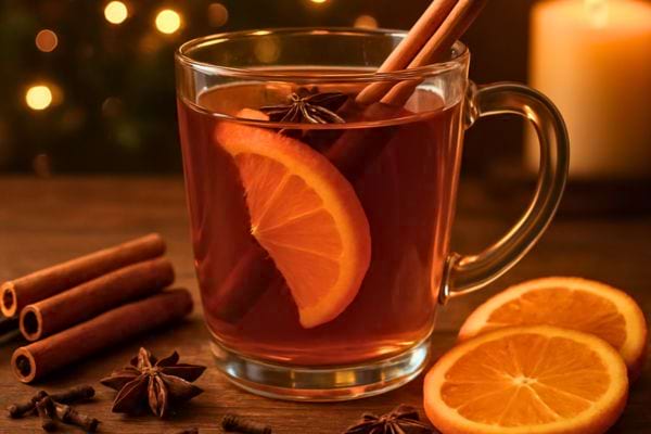 Tasse transparente dinfusion avec tranche dorange cannelle et anis etoile dans une ambiance festive.