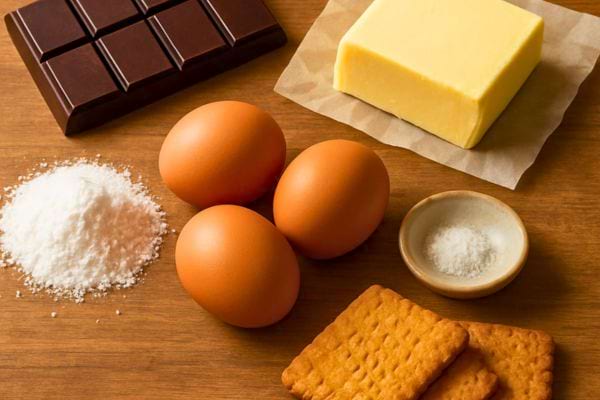 Ingredients pour dessert au chocolat avec oeufs beurre chocolat sucre et biscuits.