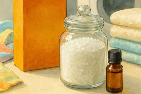 bocal de cristaux blancs et flacon d huile essentielle poses pres de linge propre