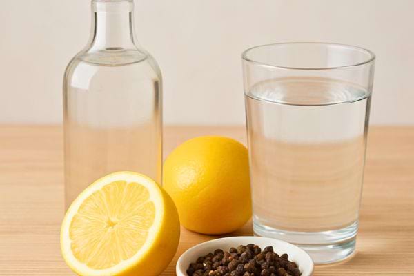 Citron, poivre, eau et vinaigre presentes pour realiser un melange domestique simple.