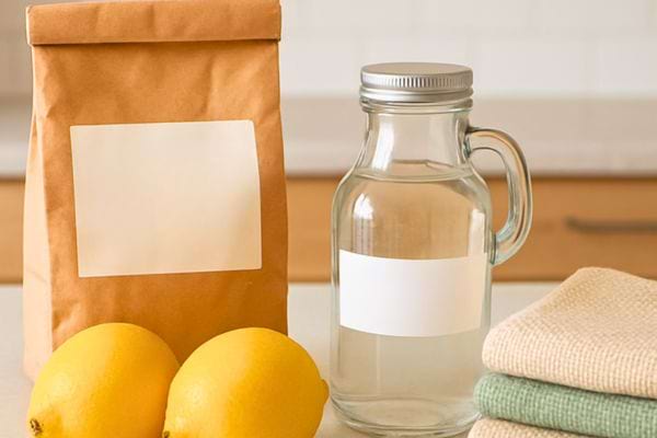 Sac en papier, bocal en verre, citrons et chiffons poses sur un plan de travail de cuisine.