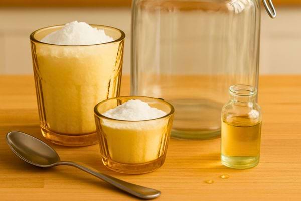 verres remplis de poudre blanche et flacon d huile poses sur une table en bois avec une cuillere