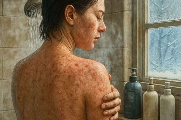 femme sous la douche montrant rougeurs et irritation sur le dos pres des epaules