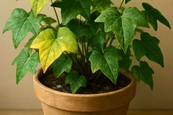 Plante de lierre en pot avec quelques feuilles jaunies signe d’un stress ou manque de soins.