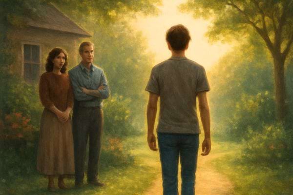 Un jeune homme marche sur un chemin tandis que deux adultes le regardent pres d une maison.