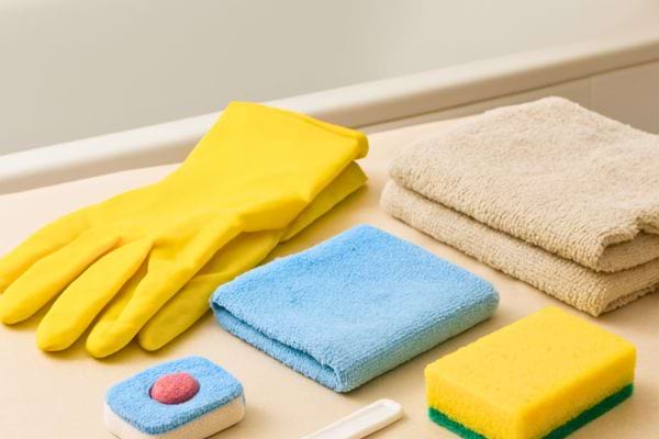 Des gants jaunes, des eponges, des lavettes et une tablette nettoyante sont prepares pour laver le four.