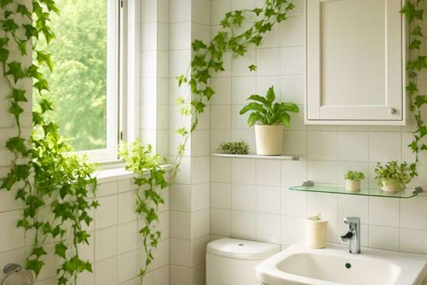 Lierre grimpant decorant une salle de bain lumineuse sur murs blancs et surfaces propres.