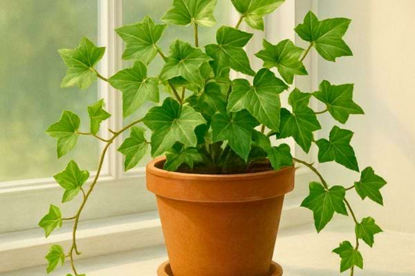 Lierre en pot de terre cuite place pres d’une fenetre apportant une ambiance fraiche.