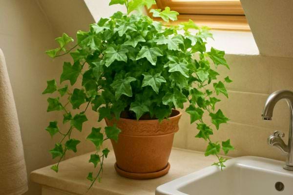 Lierre dense dans un pot pres d’un lavabo sous une fenetre inclinée.