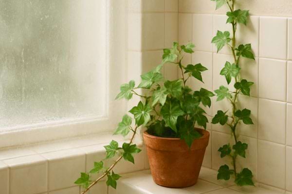 Lierre grimpant sur rebord de fenetre embuée dans une salle de bain humide.