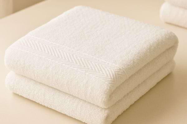 Serviette blanche epaisse et pliee, posee sur une surface claire et lumineuse.