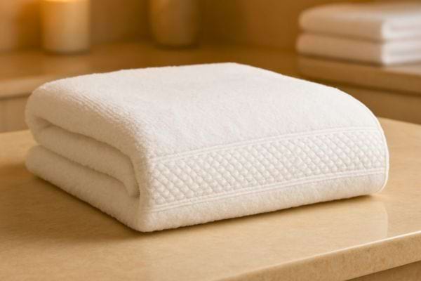 Serviette blanche soigneusement pliee et posee sur un comptoir de salle de bain.