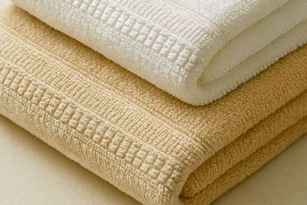Deux serviettes pliees, une beige et une blanche, empilees proprement sur une surface claire.