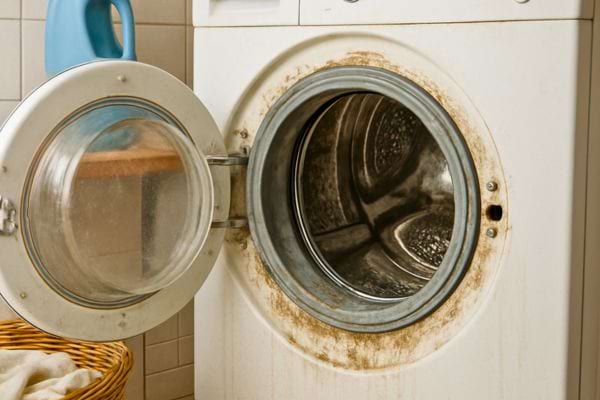 machine a laver ouverte montrant des traces de salete et de calcaire a l interieur du tambour