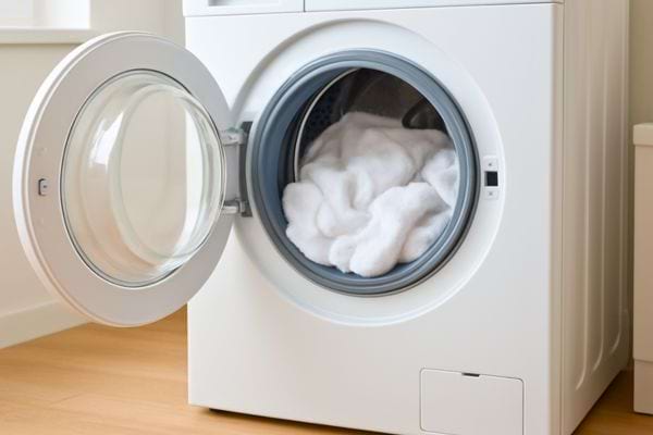 Machine a laver ouverte avec du linge blanc a l interieur, tambour visible et porte ouverte dans une buanderie claire.