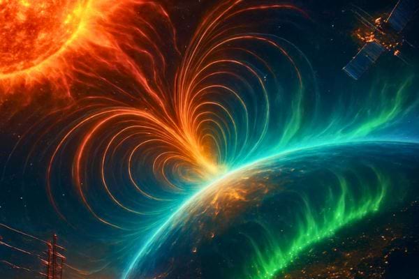 Une puissante tempête magnétique relie le soleil à l’atmosphère terrestre avec des arcs lumineux.