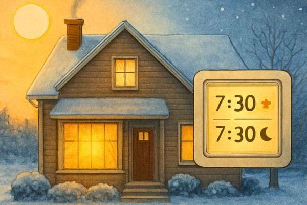 Une maison éclairée en hiver montre l’importance d’un chauffage programmé matin et soir.