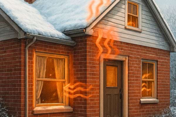 Une maison en hiver laisse échapper la chaleur visible autour des fenêtres et de la porte.
