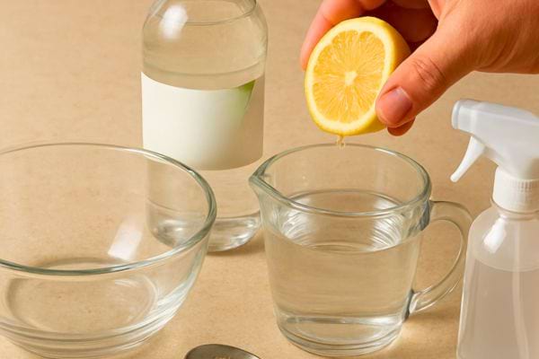 Citron presse dans un recipient contenant de l’eau et du vinaigre pour preparer une solution nettoyante.