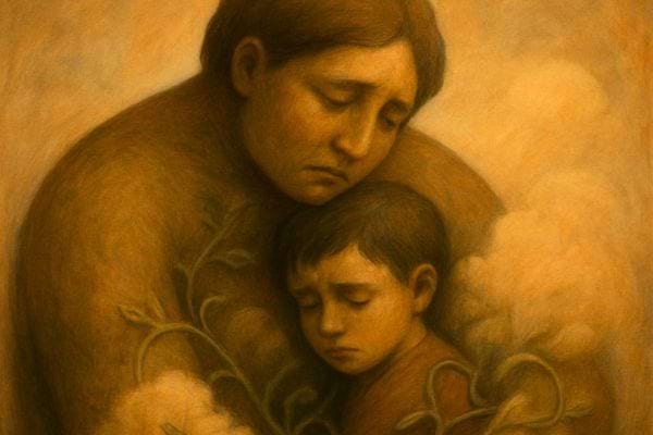 Une mere enlace tendrement un enfant triste dans une scene douce et rassurante.