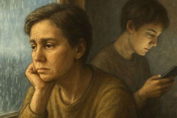 femme pensive pres dune fenetre pendant quun adolescent derriere elle regarde son telephone sous la pluie