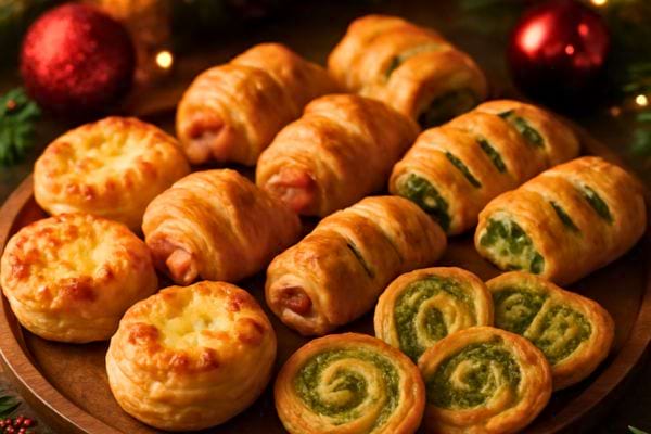 Plateau de petits feuilletés variés disposés pour un apéritif festif.