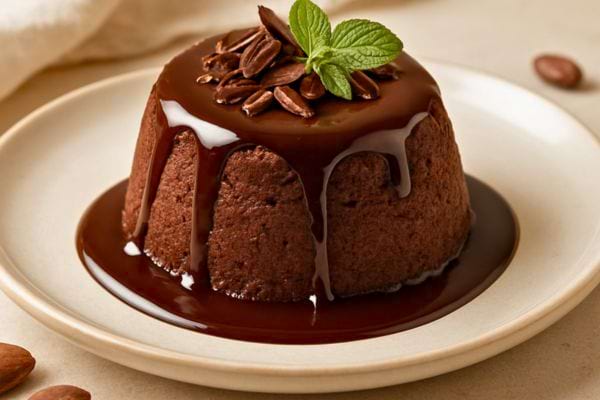 Moelleux au chocolat nappe de sauce chocolat fondante avec feuilles de menthe et eclats.