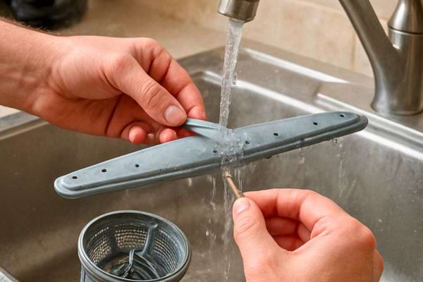 Une personne nettoie le bras d’un lave-vaisselle sous l’eau pour retirer les dépôts.