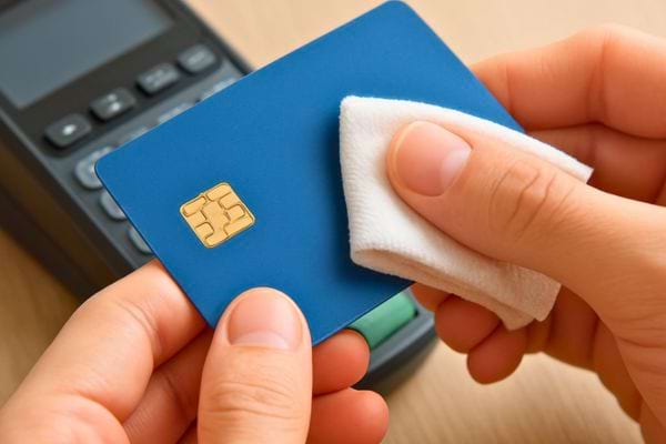 Une carte bancaire bleue est nettoyée délicatement avec un chiffon pour améliorer la lecture de la puce.