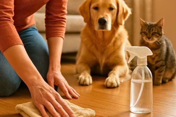 Main nettoyant le sol avec un chiffon pendant qu’un chien et un chat observent.