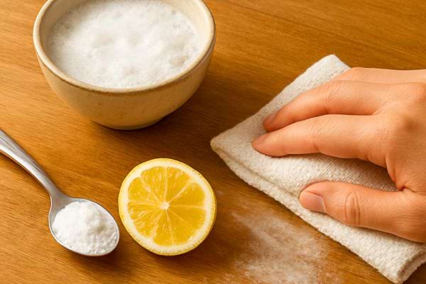 Main nettoyant une table en bois avec chiffon, citron coupe et bicarbonate dans un bol.