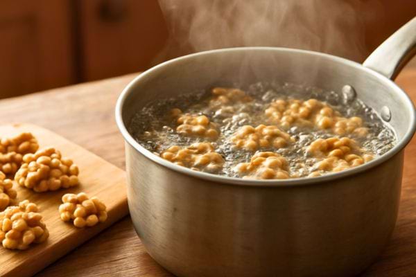 casserole de noix bouillantes sur le feu avec vapeur visible dans la cuisine
