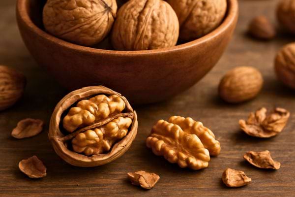 gros plan sur des noix entieres et des cerneaux poses sur une table en bois