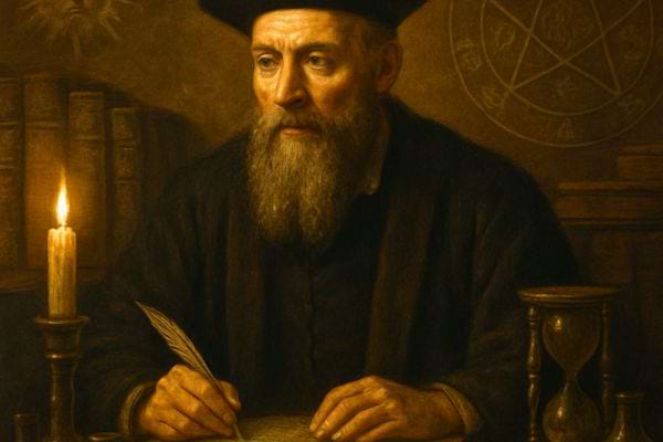 Un homme ancien ecrit a la plume a la lueur d’une bougie, dans un decor rappelant Nostradamus et ses propheties.