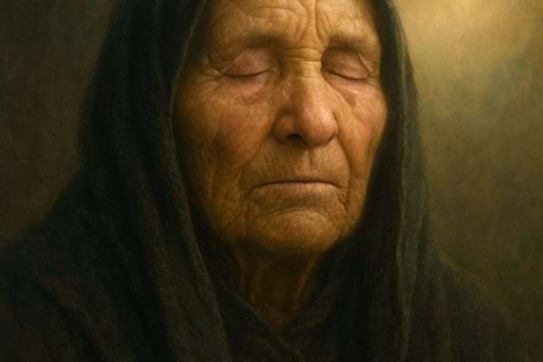 Portrait d’une femme âgée aux yeux fermés, expression sage et mystérieuse, éclairage dramatique.