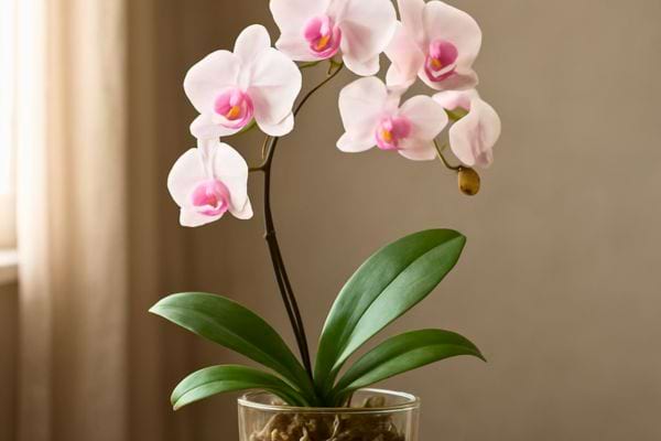 orchidee blanche et rose en pleine floraison dans un pot transparent sur meuble interieur