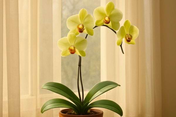 orchidee jaune clair en fleur placee devant un rideau lumineux dans un interieur calme