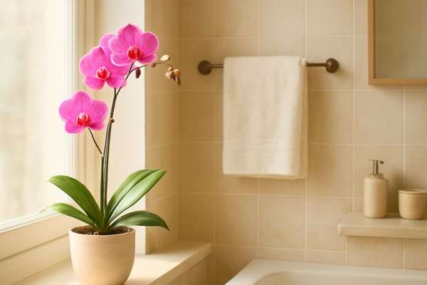 orchidee rose en pot posee dans une salle de bain lumineuse pres dune fenetre