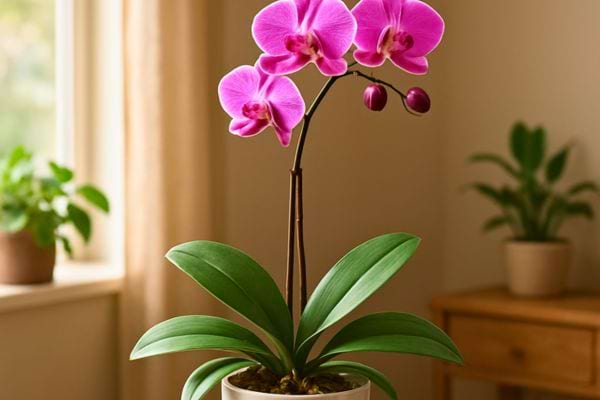 orchidee rose en fleur dans un pot blanc placee pres dune fenetre avec lumiere douce naturelle