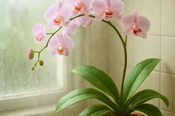 orchidee rose pale courbee vers la lumiere placee sur un rebord de fenetre humide