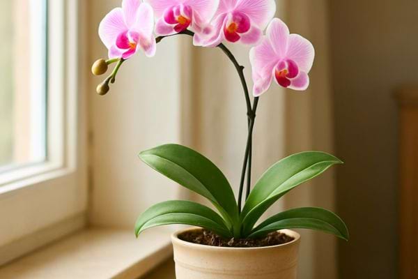 orchidee rose vif en pot ceramique beige exposee a la lumiere naturelle dune piece