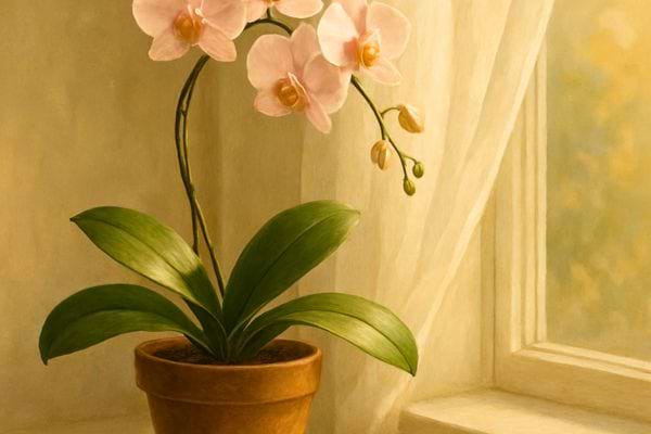 orchidee rose delicate dans un pot en terre cuite pres dune fenetre avec rideau