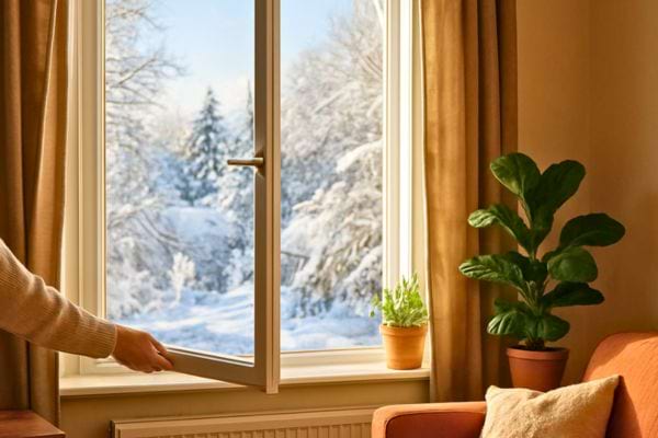 Main ouvrant une fenetre donnant sur un paysage enneige avec plantes a linterieur.