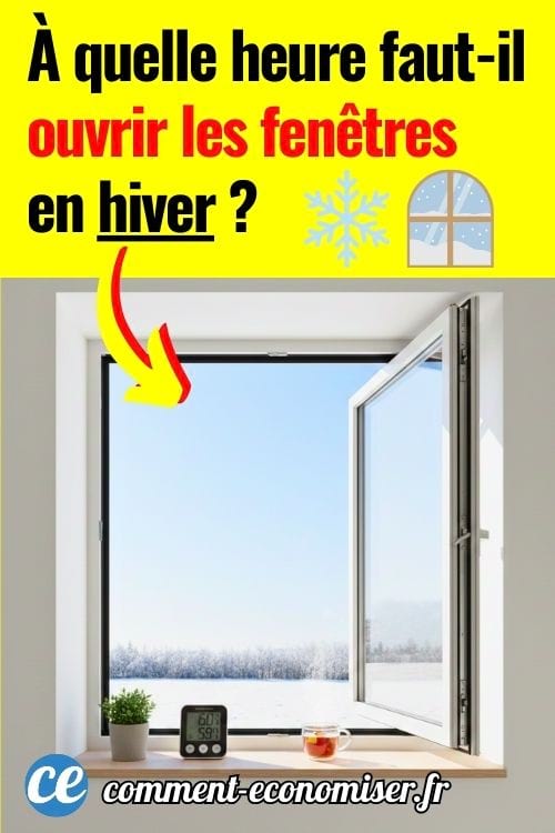 Une fen&ecirc;tre grande ouverte en hiver sur un paysage enneig&eacute;, avec une plante verte, un thermom&egrave;tre et une tasse chaude