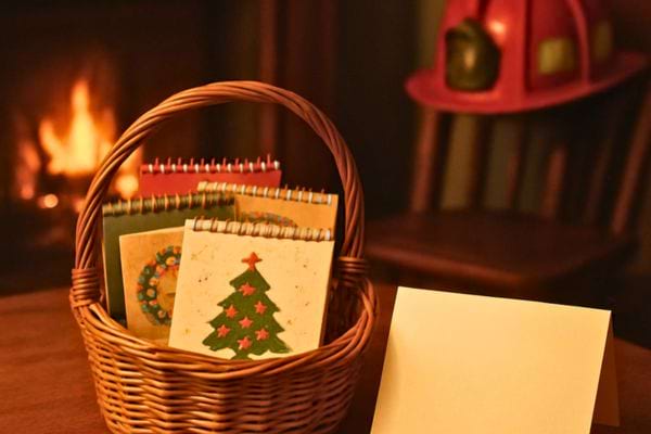 Un panier contient des cartes illustrees de noel devant une cheminee allumee dans une ambiance cosy.