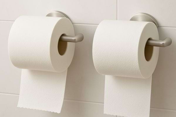 Deux rouleaux de papier toilette sont accrochés côte à côte, montrant deux façons différentes de dérouler.