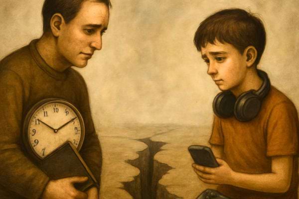 Un adulte tient une horloge pendant qu un enfant regarde son telephone illustrant un decalage generationnel.